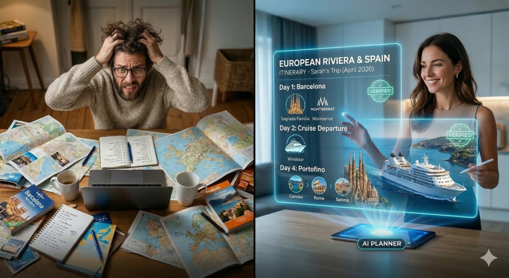 AI Travel Planning tips save woman from frustration compared to her counterpart using old fashioned methods. 