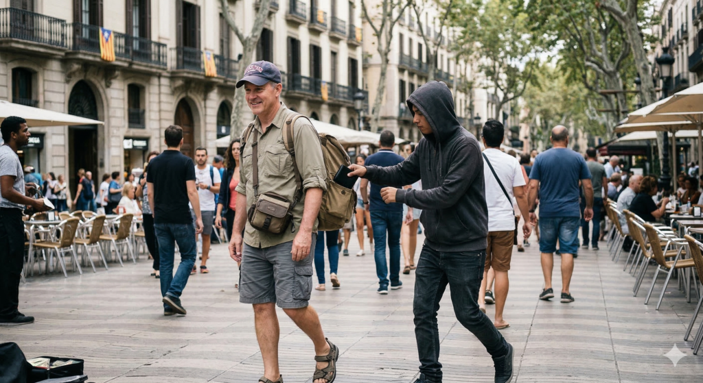 Male Tourist walking in Barcelona getting pickpocketed while unaware. 