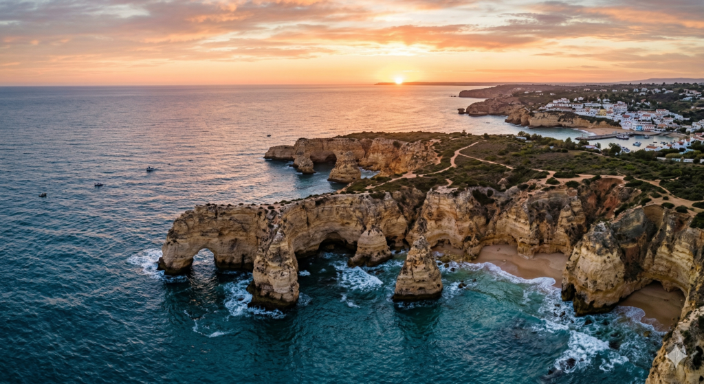  Aerial drone photography while traveling example of a coastal town with turquoise water